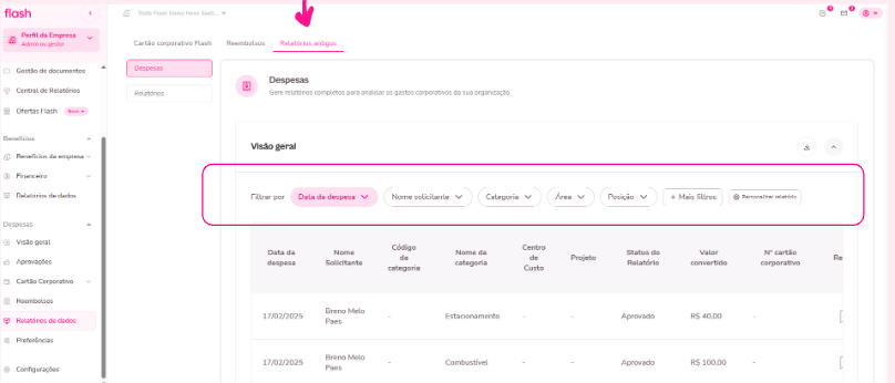 Imagem do menu de relatórios antigos