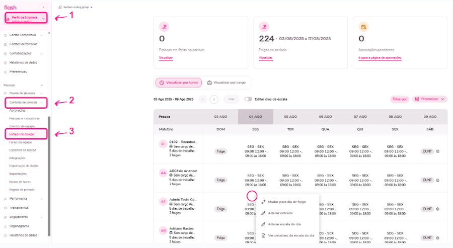 Imagem da plataforma para alterar jornada do dia no menu escalas da equipe.