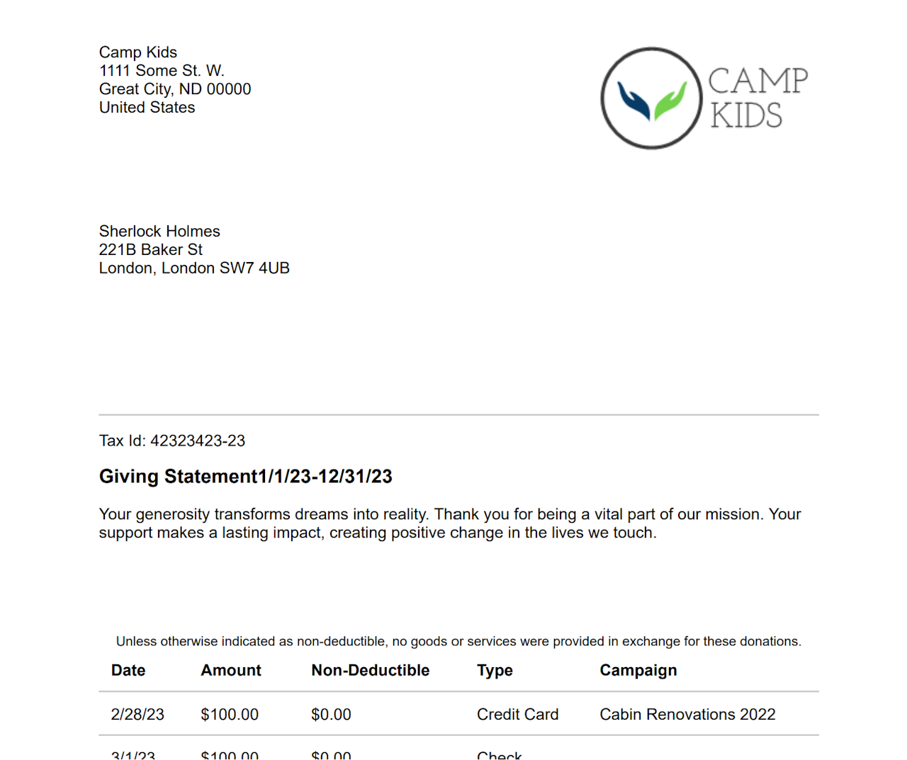 EXAMPLE CONTACT'S CONTRIBUTION STATEMENT - click to enlarge EXAMPLE CONTACT'S CONTRIBUTION STATEMENT