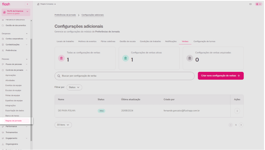 Imagem do menu de regras de jornada.