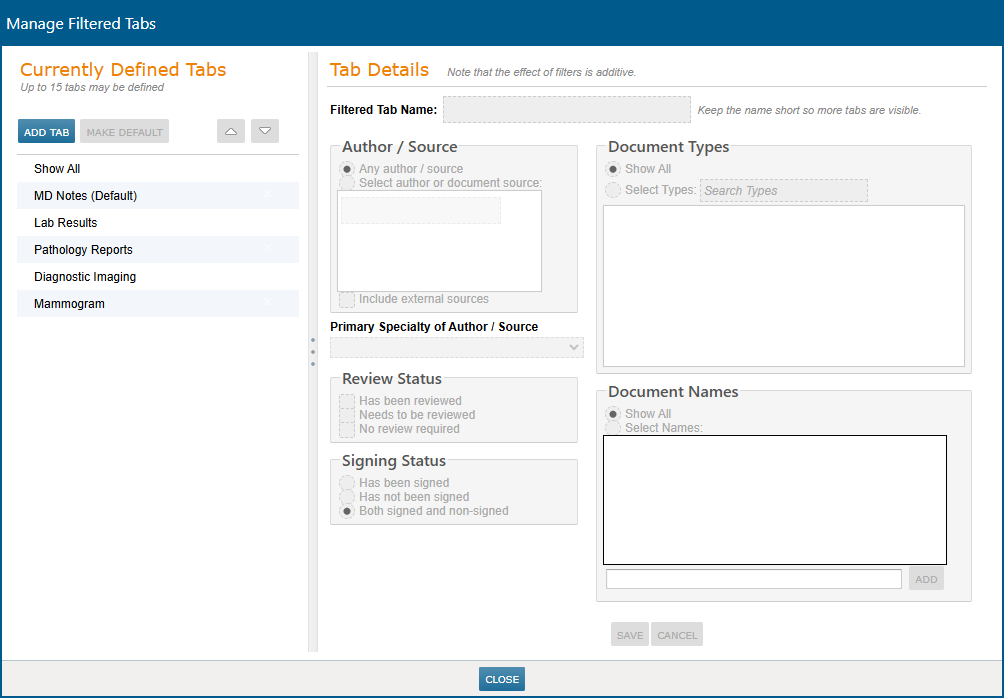 The Manage Filtered Tabs window - click to enlarge The Manage Filtered Tabs window