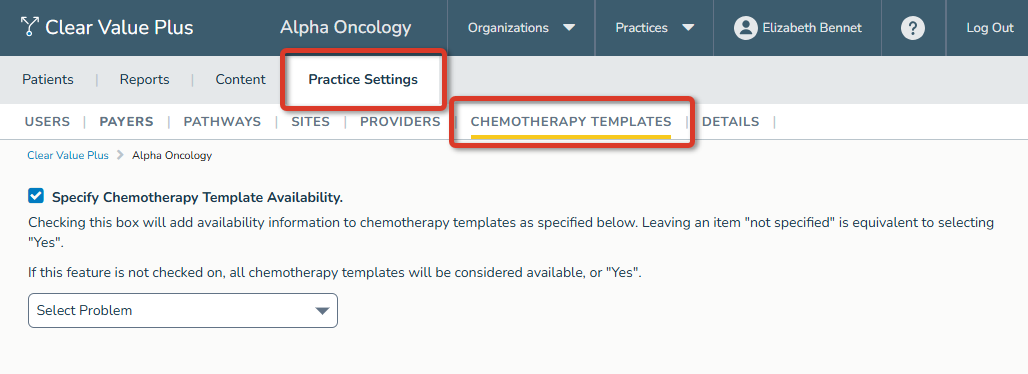 The Chemotherapy Templates sub-tab under the Practice Settings tab. Both tabs are highlighted. - click to enlarge The Chemotherapy Templates sub-tab under the Practice Settings tab. Both tabs are highlighted.