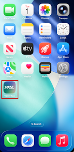 iPhone home screen with Verily Me app icon highlighted in the bottom left corner