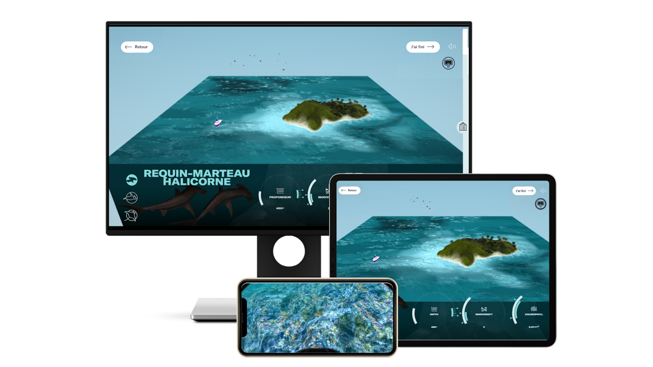 L'expérience Détectives des profondeurs en VR présentée sur un écran d'ordinateur, une tablette et un iPhone. L'écran d'ordinateur et la tablette montrent une carte de l'océan entourant l'île de Cocos et le panneau d'information de l'expérience. L'iPhone montre une vue sous-marine de l'expérience. - click to enlarge L'expérience Détectives des profondeurs en VR présentée sur un écran d'ordinateur, une tablette et un iPhone. L'écran d'ordinateur et la tablette montrent une carte de l'océan entourant l'île de Cocos et le panneau d'information de l'expérience. L'iPhone montre une vue sous-marine de l'expérience.