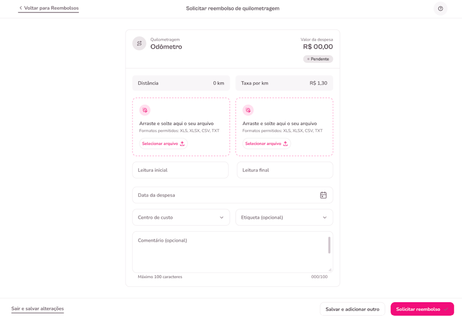 imagem da plataforma com tela exemplo para lançar despesa via odômetro