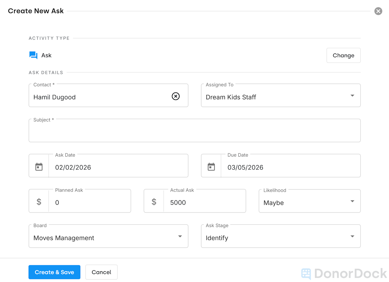 Create Activity Panel for creating an Ask - click to enlarge Create Activity Panel for creating an Ask