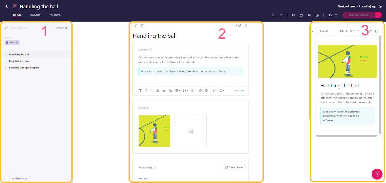 Guide editor with the three panes highlighted. - click to enlarge Guide editor with the three panes highlighted.