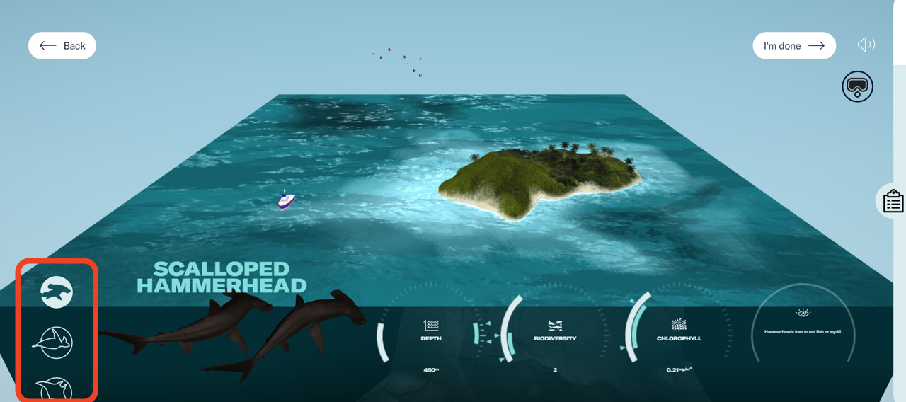 The experience’s map and information panel. On the left side of the panel are icons for each species. The icons are highlighted. - click to enlarge The experience’s map and information panel. On the left side of the panel are icons for each species. The icons are highlighted.