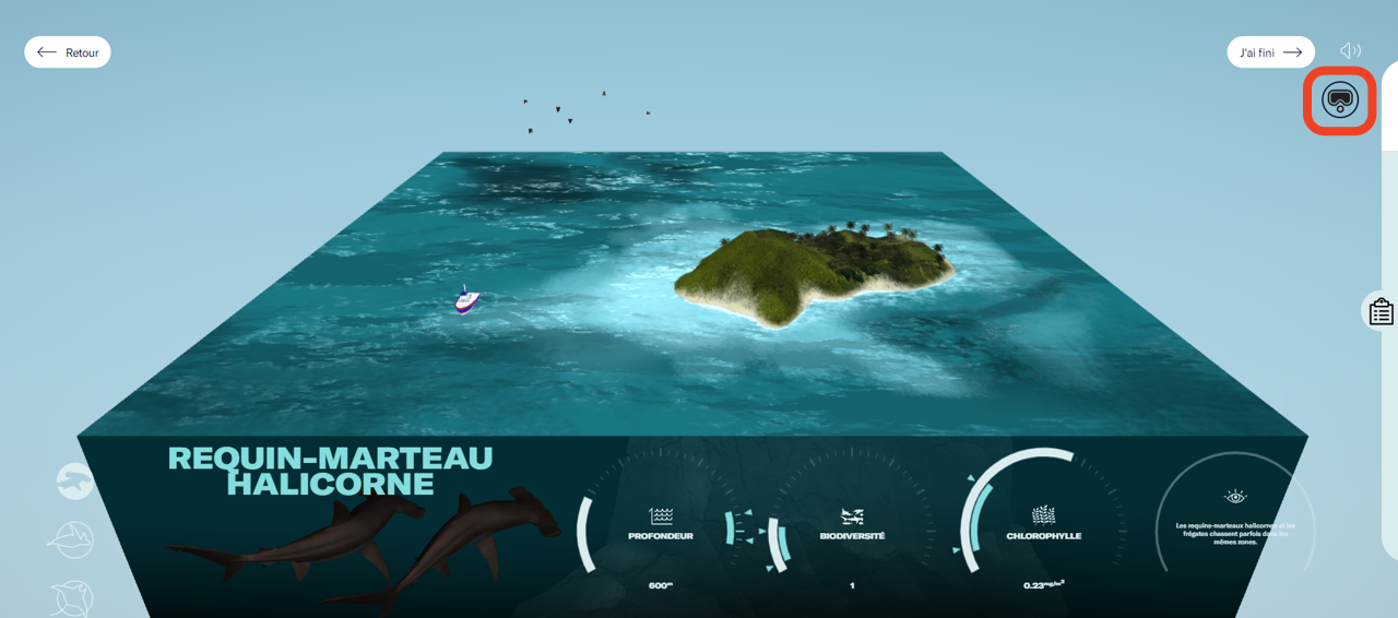 La carte et le panneau d'information de l'expérience VR Détectives des profondeurs. La carte montre l'océan entourant l'île de Cocos. Le panneau affiche des indices sur la position de l'animal. Une icône de masque est mise en évidence dans le coin supérieur droit. - click to enlarge La carte et le panneau d'information de l'expérience VR Détectives des profondeurs. La carte montre l'océan entourant l'île de Cocos. Le panneau affiche des indices sur la position de l'animal. Une icône de masque est mise en évidence dans le coin supérieur droit.