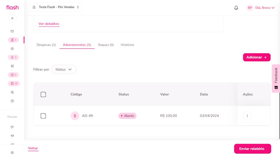 Imagem exemplo da aba de adiantamentos.