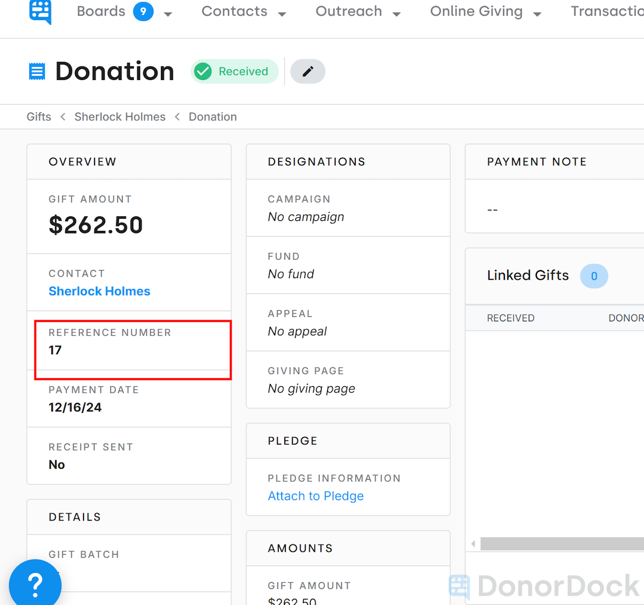 REFERENENCE NUMBER ON GIFT DETAILS PAGE BELOW CONTACT NAME OUTLINED IN RED - click to enlarge REFERENENCE NUMBER ON GIFT DETAILS PAGE BELOW CONTACT NAME OUTLINED IN RED