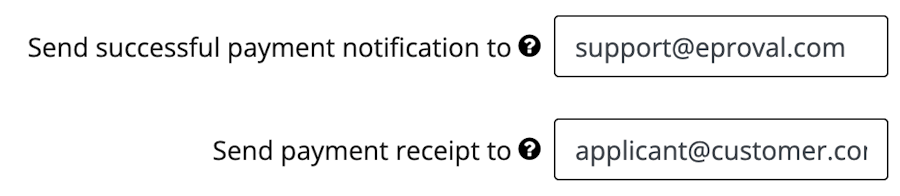Shows the fields for adding internal and external contacts to receive payment notices.