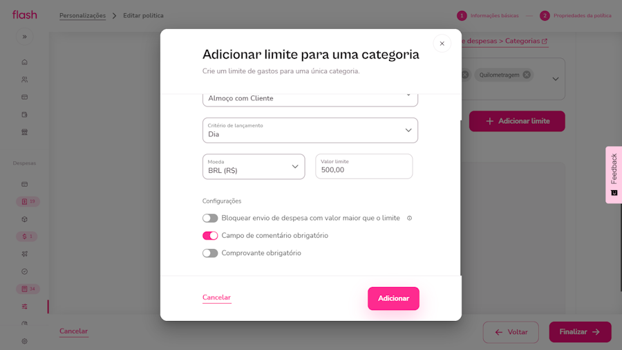 Configurar politica de despesas. Tela Configurações de limite para uma categoria