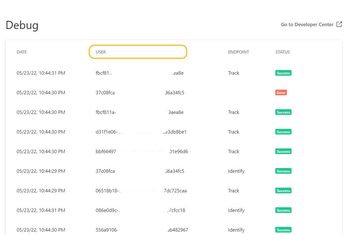 Debug view with the user column highlighted. - click to enlarge Debug view with the user column highlighted.