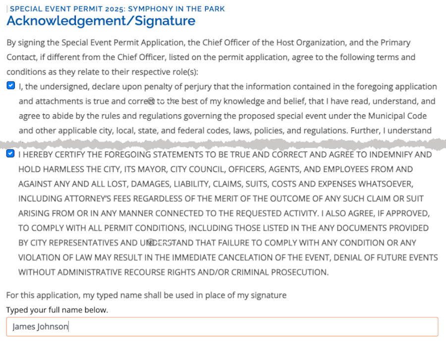 Image showing a sample of an Acknowledgement/Signature portion of an application with the checkboxes completed and name entered for the signature.