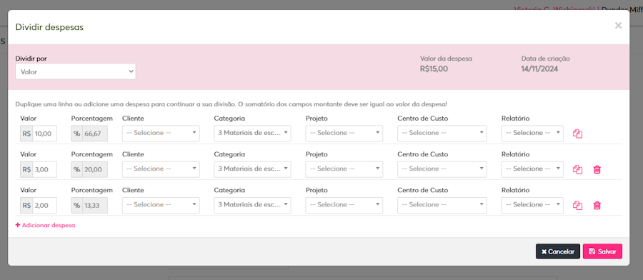 imagem do menu dividir despesas com dados exemplos preenchidos