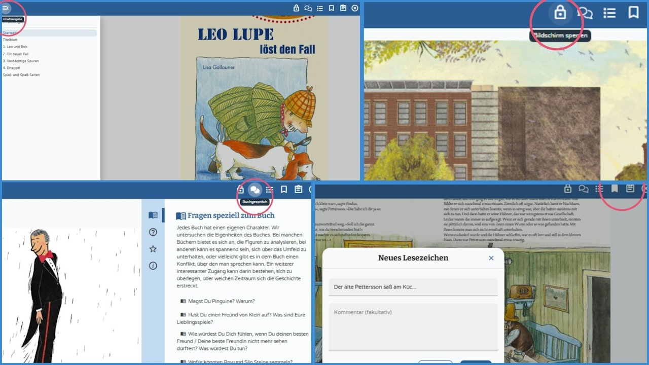 Inhaltsverzeichnis / Bildschirm sperren / Buchgesprächsfragen / Lesezeichen setzen - klicken Sie zum Vergrößern Inhaltsverzeichnis / Bildschirm sperren / Buchgesprächsfragen / Lesezeichen setzen