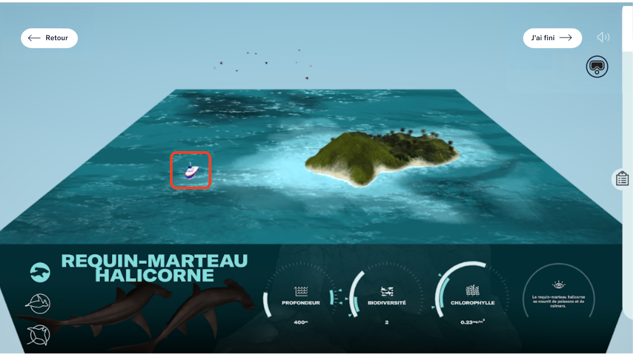 La carte et le panneau d'information de l'expérience. Un bateau est mis en évidence dans l'océan. - click to enlarge La carte et le panneau d'information de l'expérience. Un bateau est mis en évidence dans l'océan.