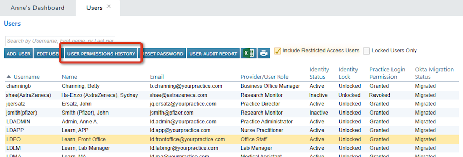 The Users list with an account selected and the User Permission History button highlighted