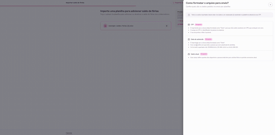 Gif com instruções para importar saldo de férias dos colaboradores