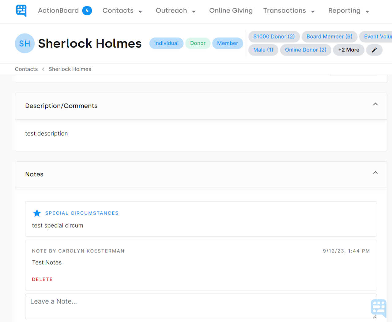 Example contact record showing test input for Description, Special Circumstances, and Notes - click to enlarge Example contact record showing test input for Description, Special Circumstances, and Notes