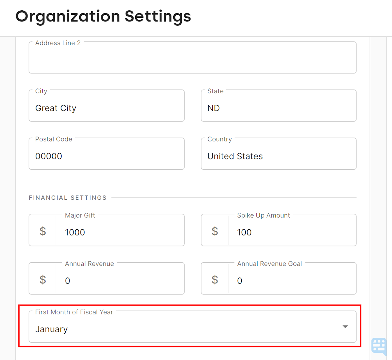 FISCAL YEAR DROPDOWN HIGHLIGHTED IN RED ON ORGANIZATION SETTINGS PAGE - click to enlarge FISCAL YEAR DROPDOWN HIGHLIGHTED IN RED ON ORGANIZATION SETTINGS PAGE