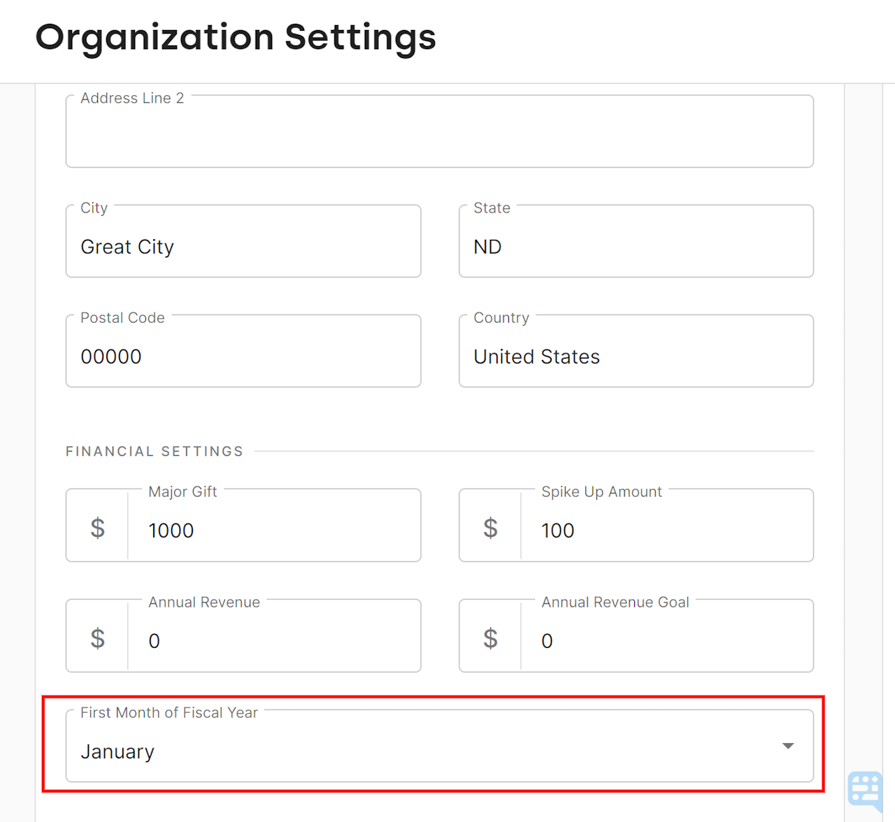 FISCAL YEAR DROPDOWN HIGHLIGHTED IN RED ON ORGANIZATION SETTINGS PAGE - click to enlarge FISCAL YEAR DROPDOWN HIGHLIGHTED IN RED ON ORGANIZATION SETTINGS PAGE