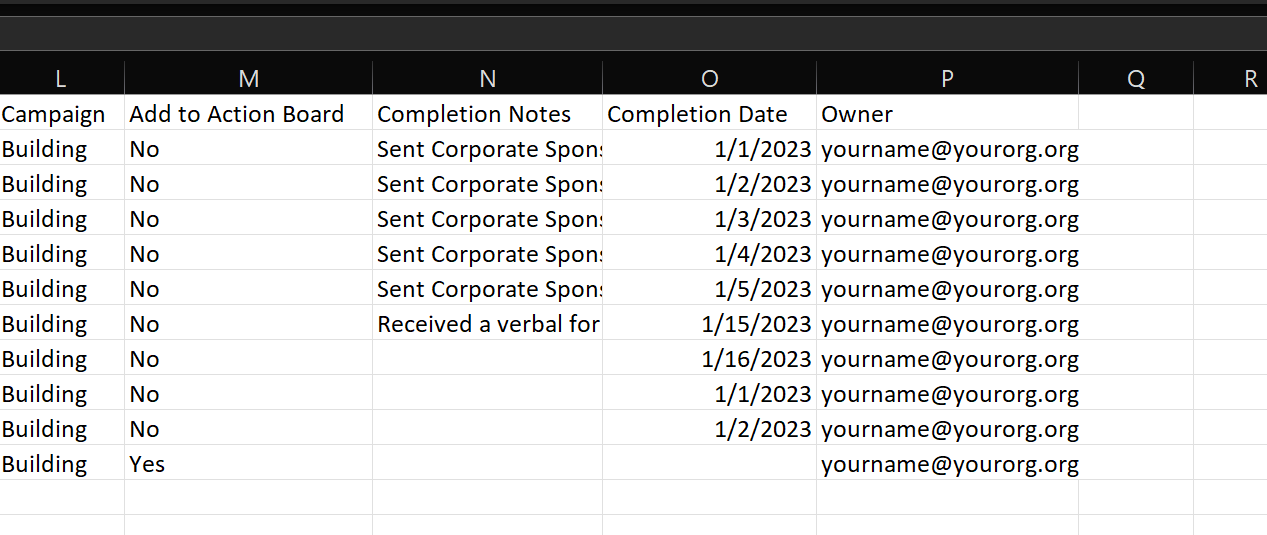 EXAMPLE EXCEL SPREADSHEET SHOWING COLUMN FOR ADD TO ACTIONBOARD, COMPLETIO NOTES, COMPLETION DAATE, AND OWNER - click to enlarge EXAMPLE EXCEL SPREADSHEET SHOWING COLUMN FOR ADD TO ACTIONBOARD, COMPLETIO NOTES, COMPLETION DAATE, AND OWNER