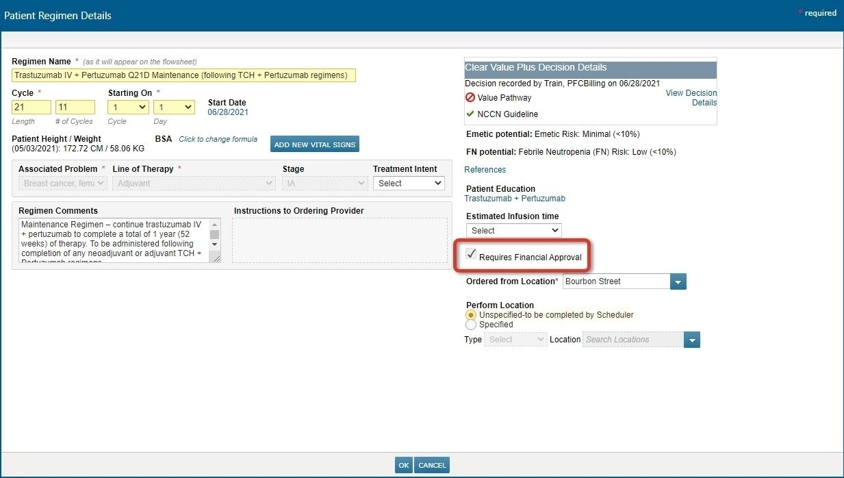 Requires Financial Approval highlighted in Patient Regimen Details - click to enlarge Requires Financial Approval highlighted in Patient Regimen Details