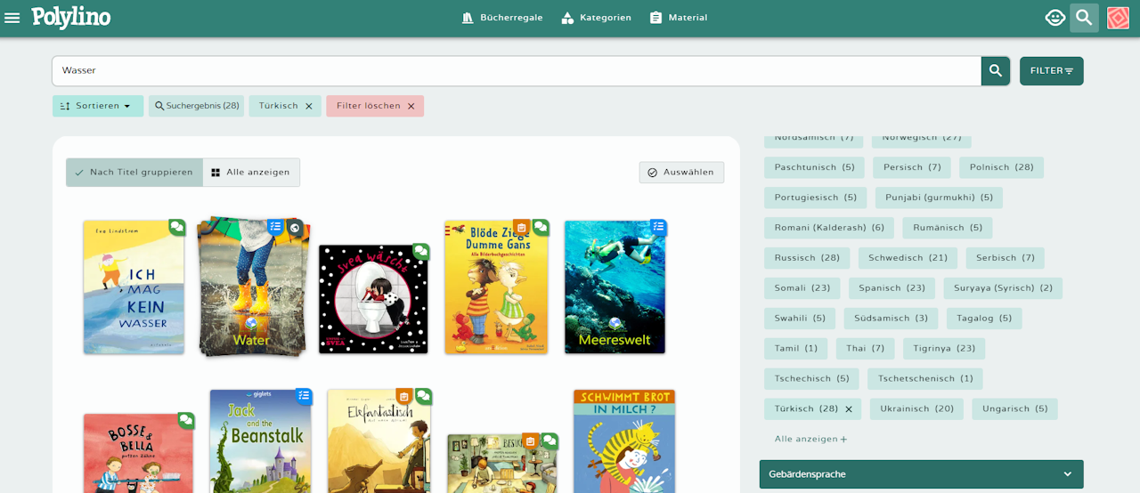 Suche nach dem Wort "Wasser" und filtere nach der Audiosprache "Türkisch". - klicken Sie zum Vergrößern Suche nach dem Wort "Wasser" und filtere nach der Audiosprache "Türkisch".