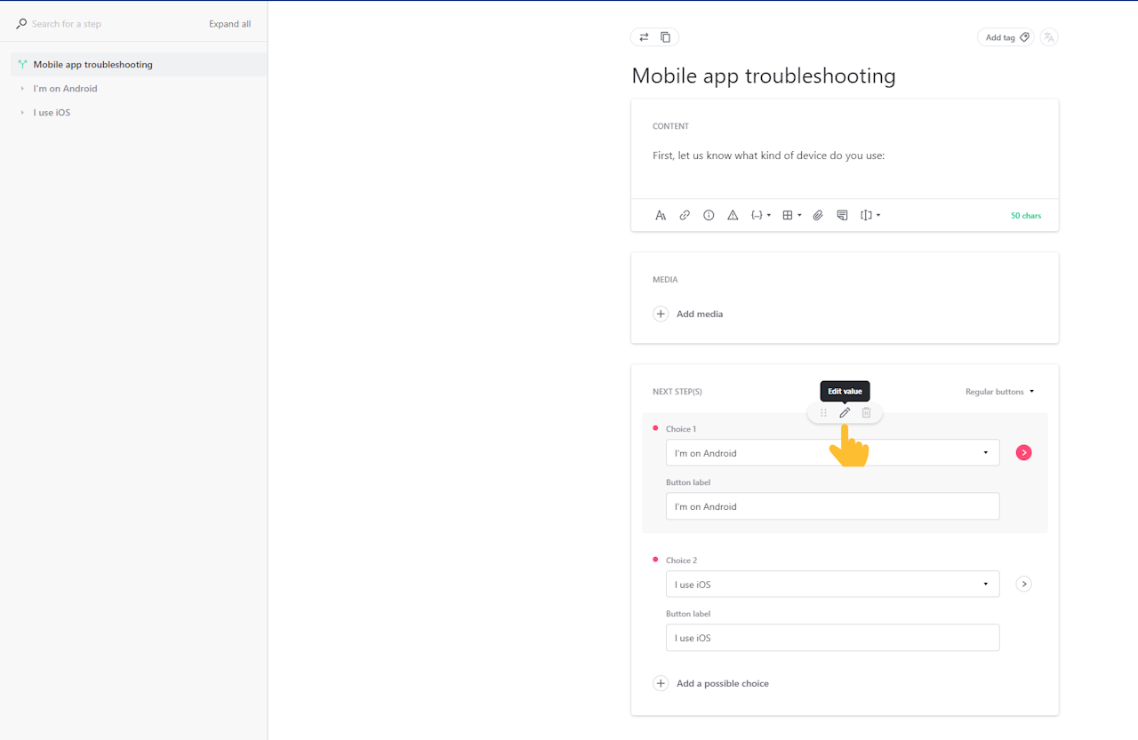 A pointer pointing at the edit value button in the next steps section of the guide editor - click to enlarge A pointer pointing at the edit value button in the next steps section of the guide editor
