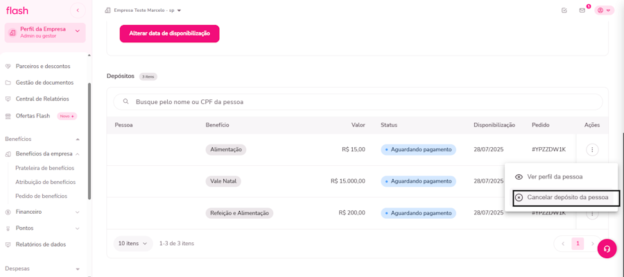 Imagem exemplo para cancelar depósito de apenas um colaborador.
