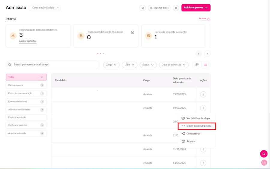 Imagem da plataforma com destaque para opção de mover para outra etapa