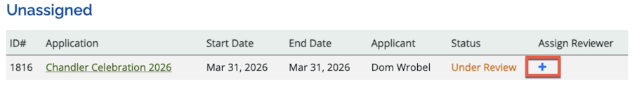 Section showing a single application in the Unassigned section. The Plus icon under the Assign Reviewer section is highlighted.