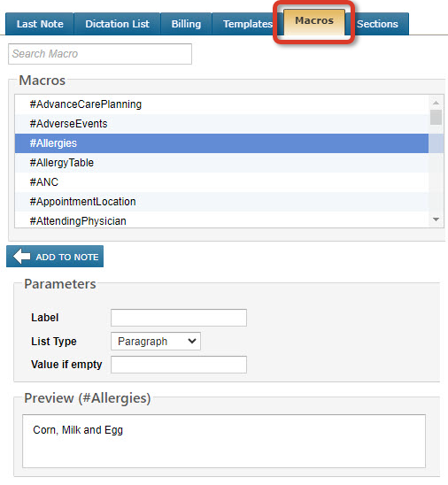 The right side of the Note Editor with the Macros sub-tab highlighted - click to enlarge The right side of the Note Editor with the Macros sub-tab highlighted