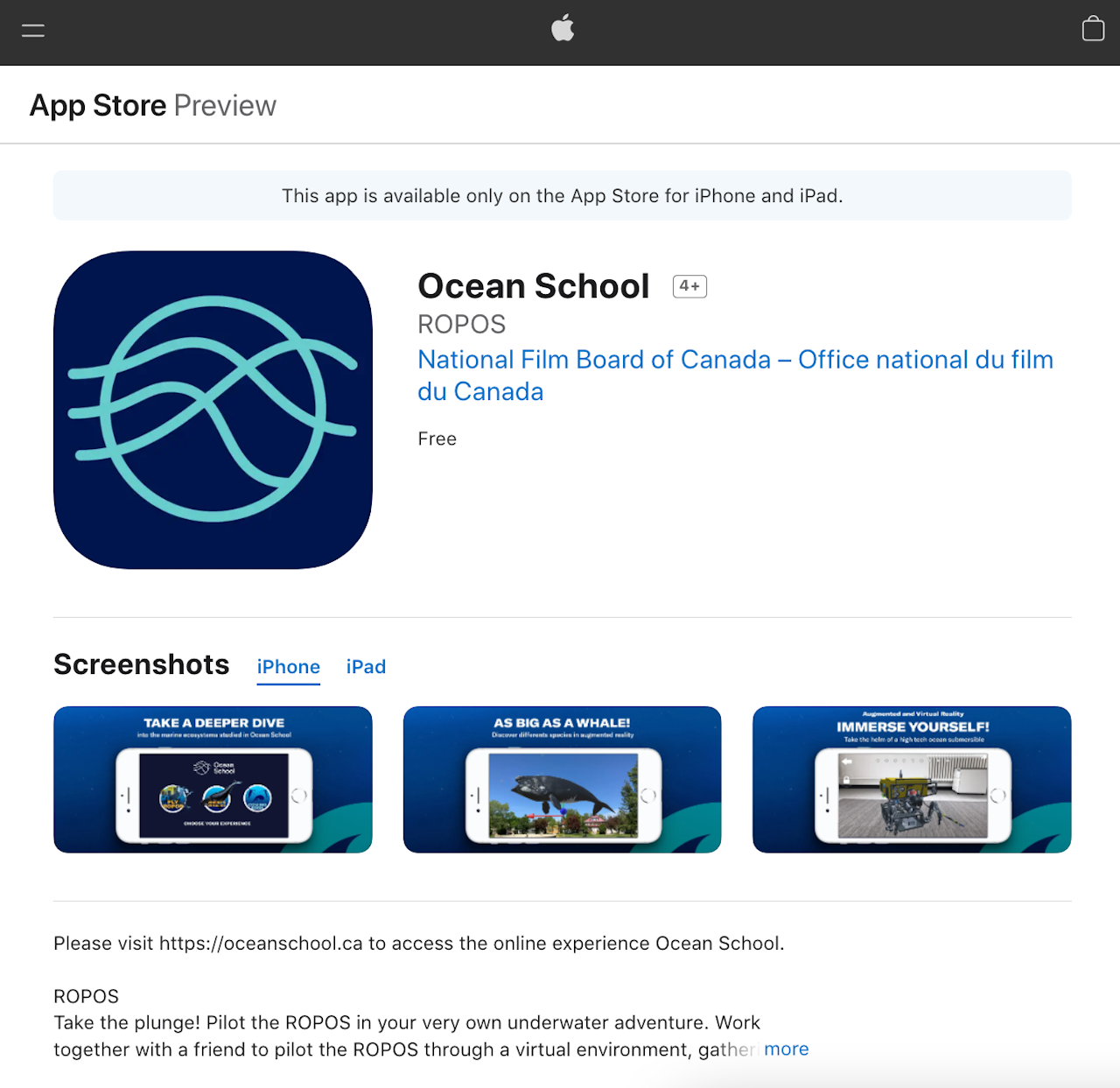 The Ocean School app and screenshots of the experiences on the App Store. - click to enlarge The Ocean School app and screenshots of the experiences on the App Store.
