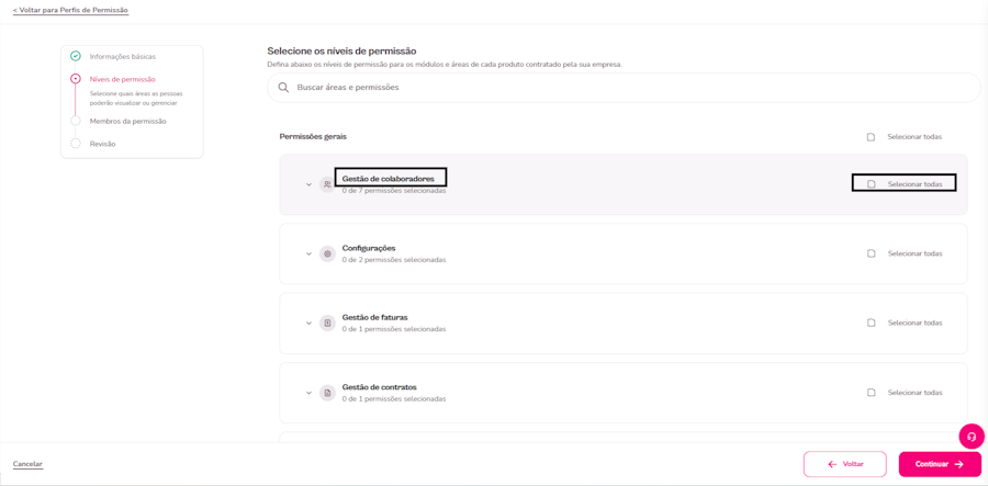 imagem da plataforma com destaque para o textos gestão de beneficios e selecionar todos.