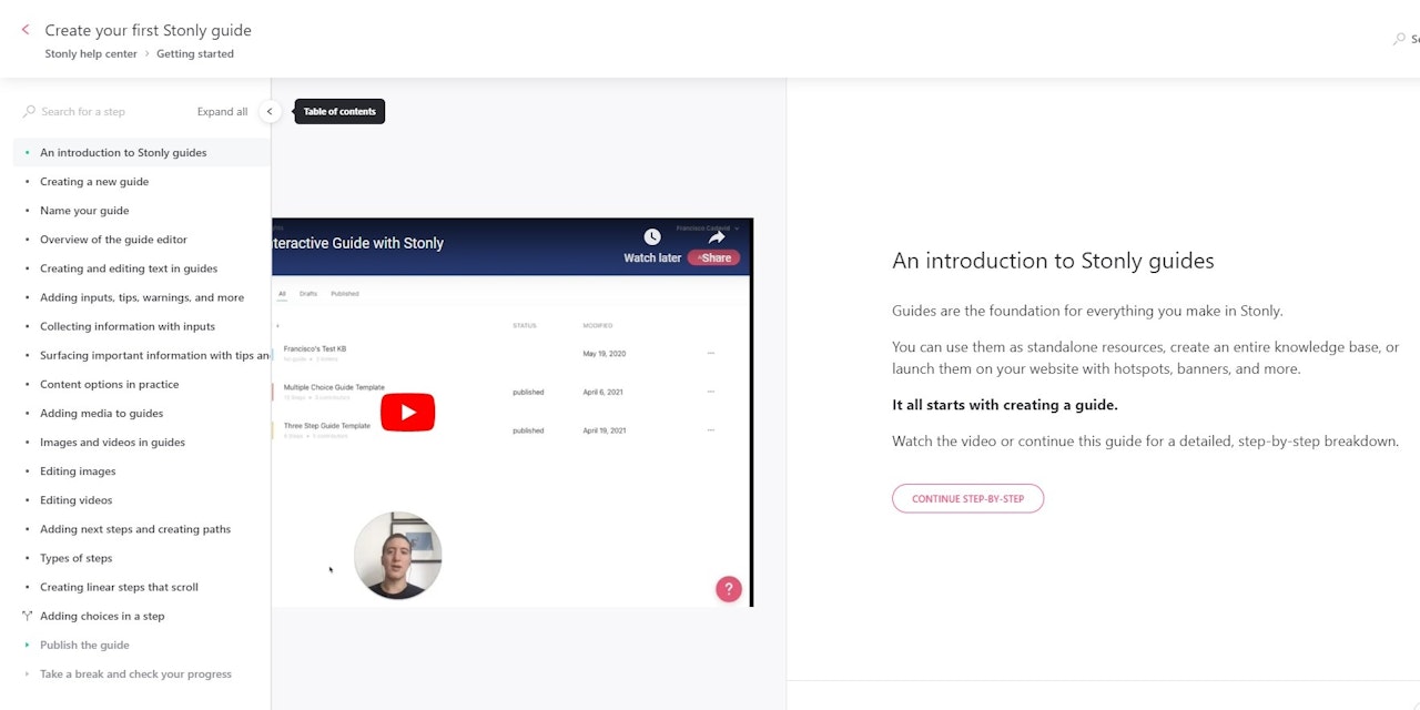 Stonly guide with the table of contents open. - click to enlarge Stonly guide with the table of contents open.