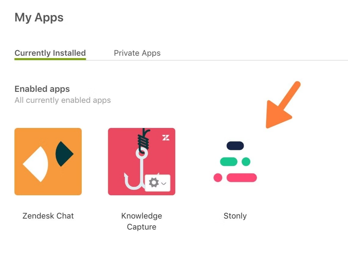 Stonly installed in Zendesk apps - click to enlarge Stonly installed in Zendesk apps