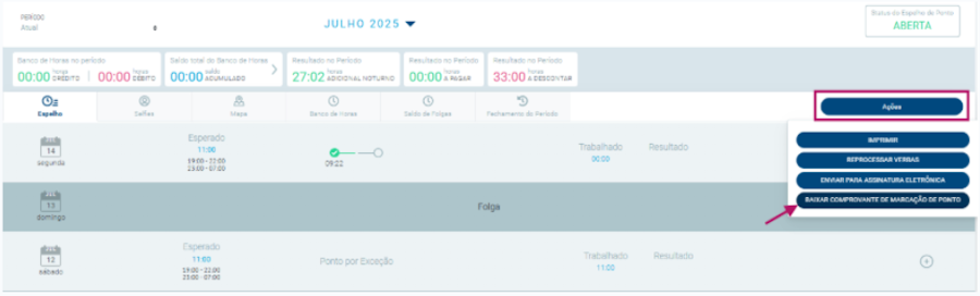 Imagem exemplo para baixar o comprovante no menu de espelho de ponto.