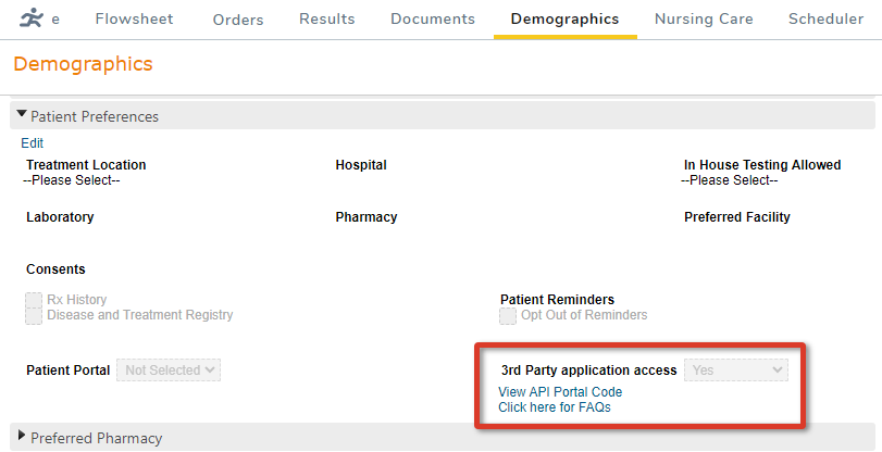 The Patient Preferences section with the 3rd Party Application Access field highlighted - click to enlarge The Patient Preferences section with the 3rd Party Application Access field highlighted