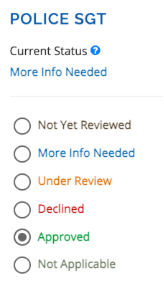 Image showing the current status of the review along with the options for changing the status. The Approved status is selected.