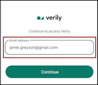 Verily login screen with email address field containing sample email address and Continue button