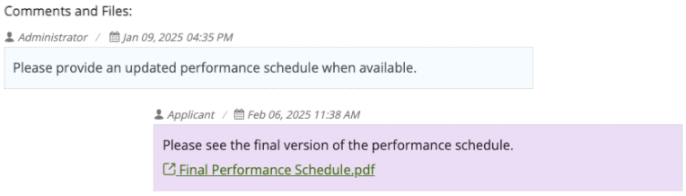 Image showing communication between the Administrator and the Appliant, with the requested file provided by the applicant.