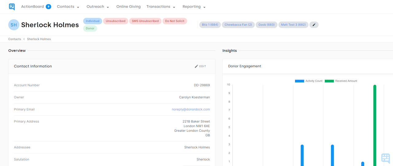 TEST CONTACT SHERLOCK HOLMES SHOWING STATUS FOR DO NOT SOLICIT, UNSUBSCRIBED, AND SMS UNSUBSCRIBED - click to enlarge TEST CONTACT SHERLOCK HOLMES SHOWING STATUS FOR DO NOT SOLICIT, UNSUBSCRIBED, AND SMS UNSUBSCRIBED