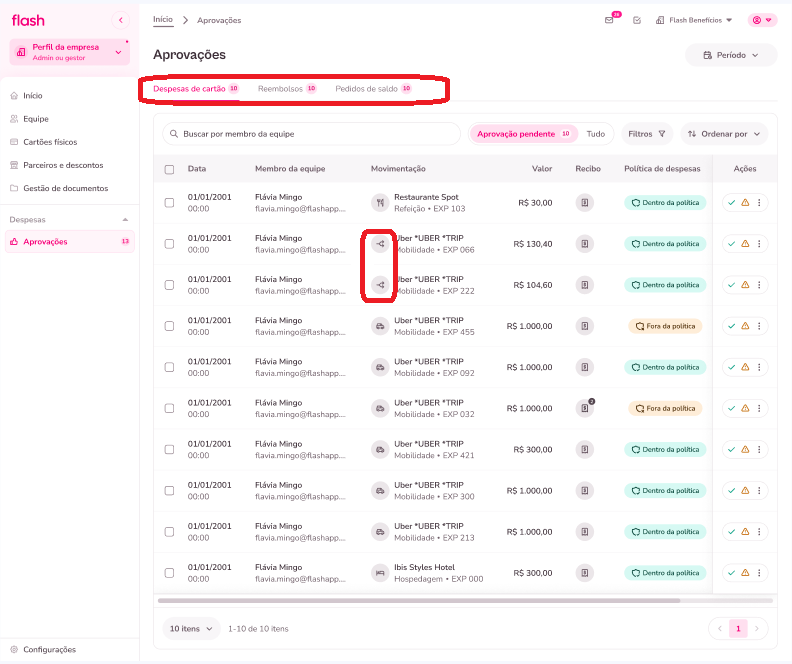 imagem exemplo da tela de aprovações para despesas com rateio