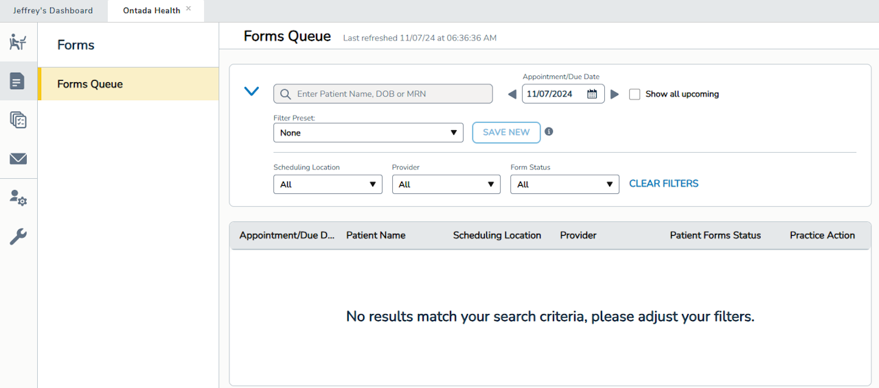 The Ontada Health admin tool Forms Queue - click to enlarge The Ontada Health admin tool Forms Queue