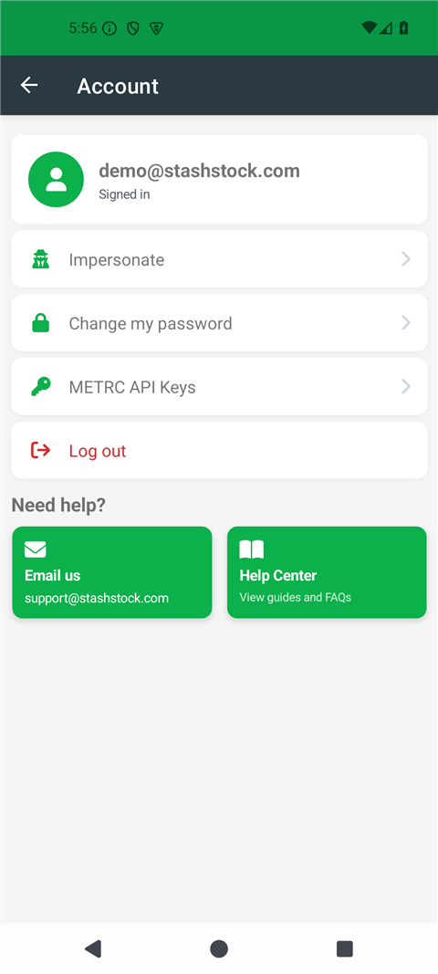 Account page showing the signed-in email, Change my password, METRC API Keys, and Log out - click to enlarge Account page showing the signed-in email, Change my password, METRC API Keys, and Log out