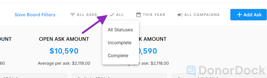 Ask status filter: All, Complete, or Incomplete