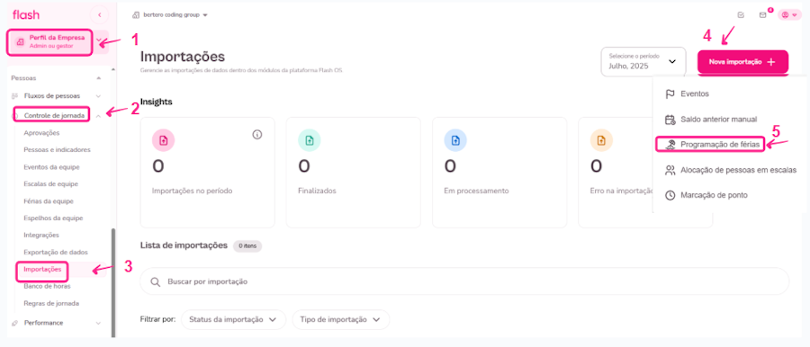 Histórico de férias e períodos aquisitivos. Tela de importação